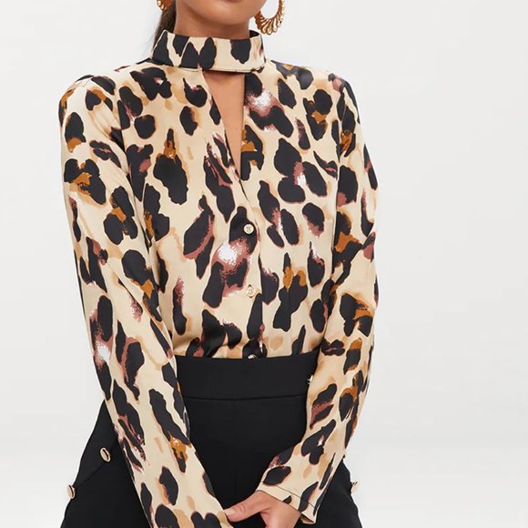 PrettyLittleThing Tops - PrettyLittleThing Tan Silky Leopard Print Choker Detail Blouse